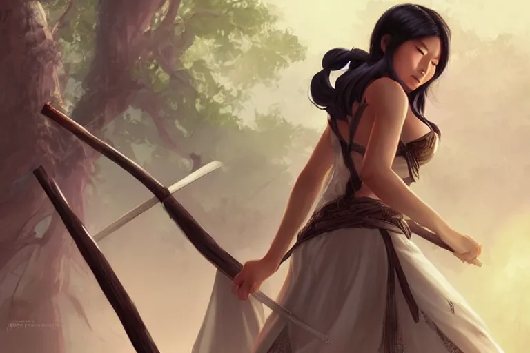 Image similar to beautiful cinematic fantasy poster, asian woman side view using a bokken in forest ; by artgerm ; wayne n reynolds art station ; cinematic quality character render ; high quality ac - h 9 6 0