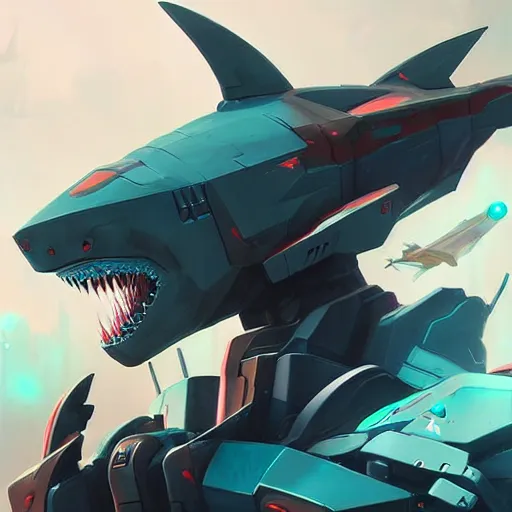 Image similar to a portrait of a beautiful shark gundam mecha, cyberpunk concept art by pete mohrbacher, jeff koons, beeple, wlop artgerm and josan gonzales, digital art