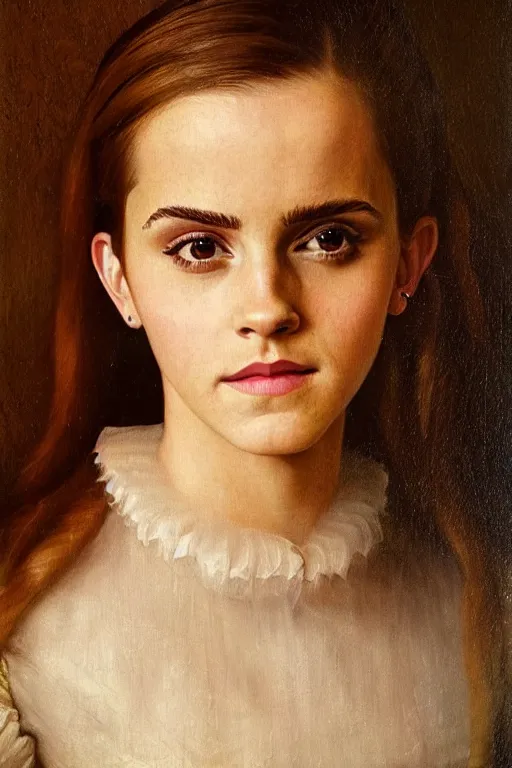 Prompt: stunning adorable portrait of emma watson, oil painting by jan van eyck and diego velazquez, oil on canvas, wet - on - wet technique, realistic, expressive emotions, detailed textures, illusionistic detail