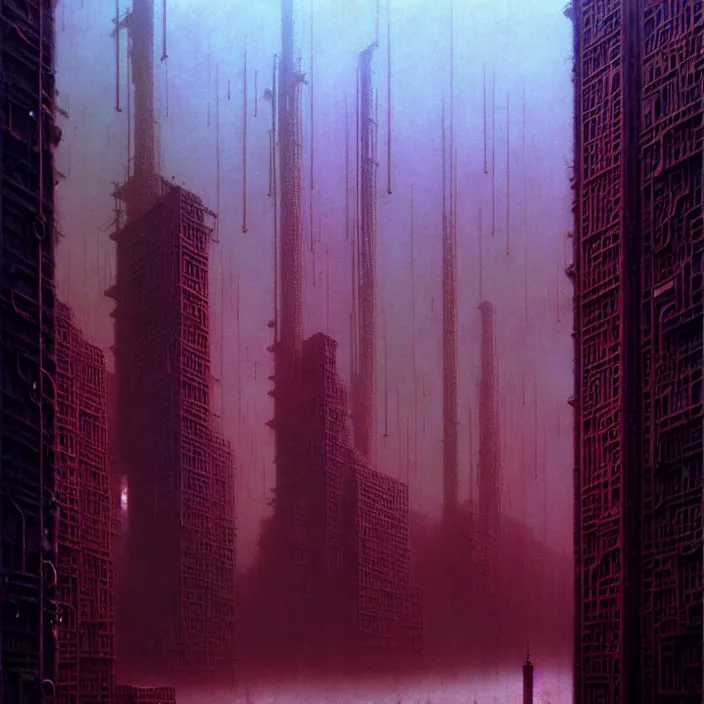 Prompt: ethereal horror of a cyberpunk cityscape, by zdzisław beksinski and greg rutkowski, organic, industrial, surreal, dark, cool colors