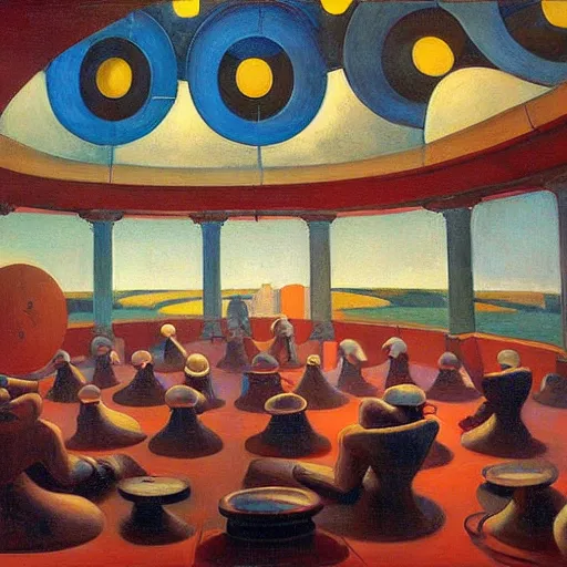 Image similar to three brutalist robotic seers watchers oracles soothsayers inside a dome, pj crook, grant wood, edward hopper, syd mead, oil on canvas