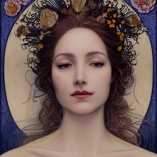 Image similar to facial portrait of a young pretty woman in flowing dress, arrogant, mysterious, long fine flowing hair, delicate, looking at camera, slightly awkward smile, realistic face, hands behind back, intricate, stylish, elegant, grimdark fantasy, flowers, art nouveau, extremely detailed painting inspired by Gerald Brom and Ernst Haeckel and Greg Rutkowski