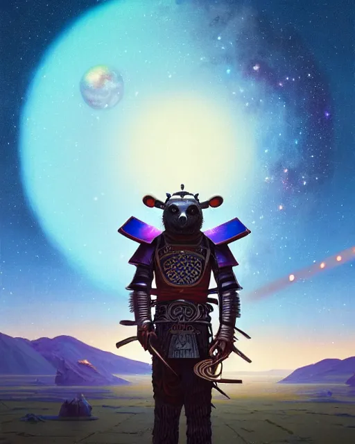 Image similar to highly detailed surreal vfx portrait of a metallic chromatic samurai bear in front of planets filled sky, stephen bliss, unreal engine, greg rutkowski, loish, rhads, beeple, makoto shinkai and lois van baarle, ilya kuvshinov, rossdraws, tom bagshaw, alphonse mucha, global illumination, detailed and intricate environment