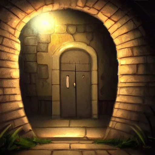 Image similar to hidden door in a secret crypt. undergound, firelight, illustration, concept art