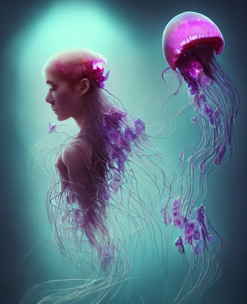 Prompt: beautiful female fused with orchid jellyfish, close-up portrait, dark, phoenix head, nautilus, skull, bioluminiscent, intricate artwork by Tooth Wu and wlop and beeple. octane render, trending on artstation, greg rutkowski, xsullo, very coherent symmetrical artwork. cinematic, hyper realism, high detail, octane render, 8k