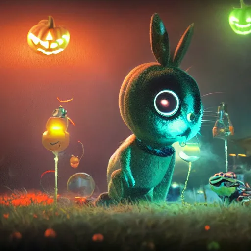 Image similar to halloween festival, expressive eyes, floating, rbc, bunny, radiolaria, protophyta, micro - organisms, center frame, symmetric, rim light, marine microbiology, bioluminescence, electric, fur, soft, concept art, intricate details, highly detailed, colorful, photorealistic, disney pixar, octane render,