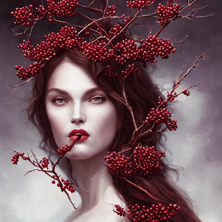 Prompt: a wonderful crimson goddess, lots of white branches, leaves and white berries of white blackberries, wonderful eyes, symmetrical, fantasy, highly detailed, realistic, complex, fantasy, over - detailed, elegant, complex, dynamic lighting, hyperrealism, digital art, artstation, wlop, clear focus, illustrations by filipe pagliuso and justin gerard