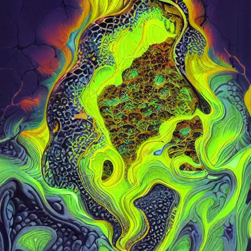 Prompt: extremely detailed complex intricate voronoi fractured viscous ores with slick wet blacklight mud oozing from the afterimage of fluorescent yellow smoke by Boris Vallejo 8k 3d