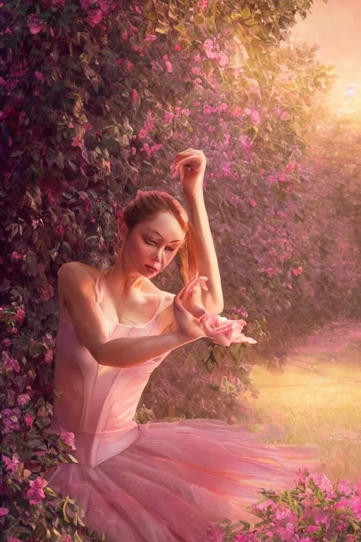 Image similar to stunningly beautiful, prima ballerina in rose garden, symmetrical face, golden hour, smooth, focus, highly detailed, hyper realistic, dramatic lighting, elegant, intricate, concept art, art by wlop, mars ravelo, greg rutowski, artstation