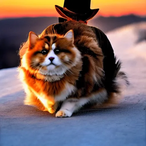 Image similar to siberian cat in a cowboy hat riding a corgi, wild west, sunset