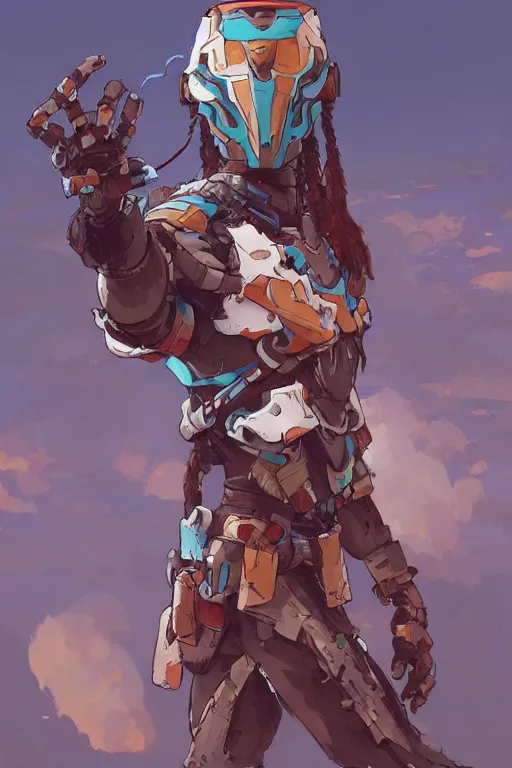 Prompt: combination suit armor aloy horizon forbidden west horizon zero dawn robot ninja mask helmet backpack tribal, fanart behance hd artstation by jesper ejsing, by rhads, makoto shinkai and lois van baarle, ilya kuvshinov, ossdraws