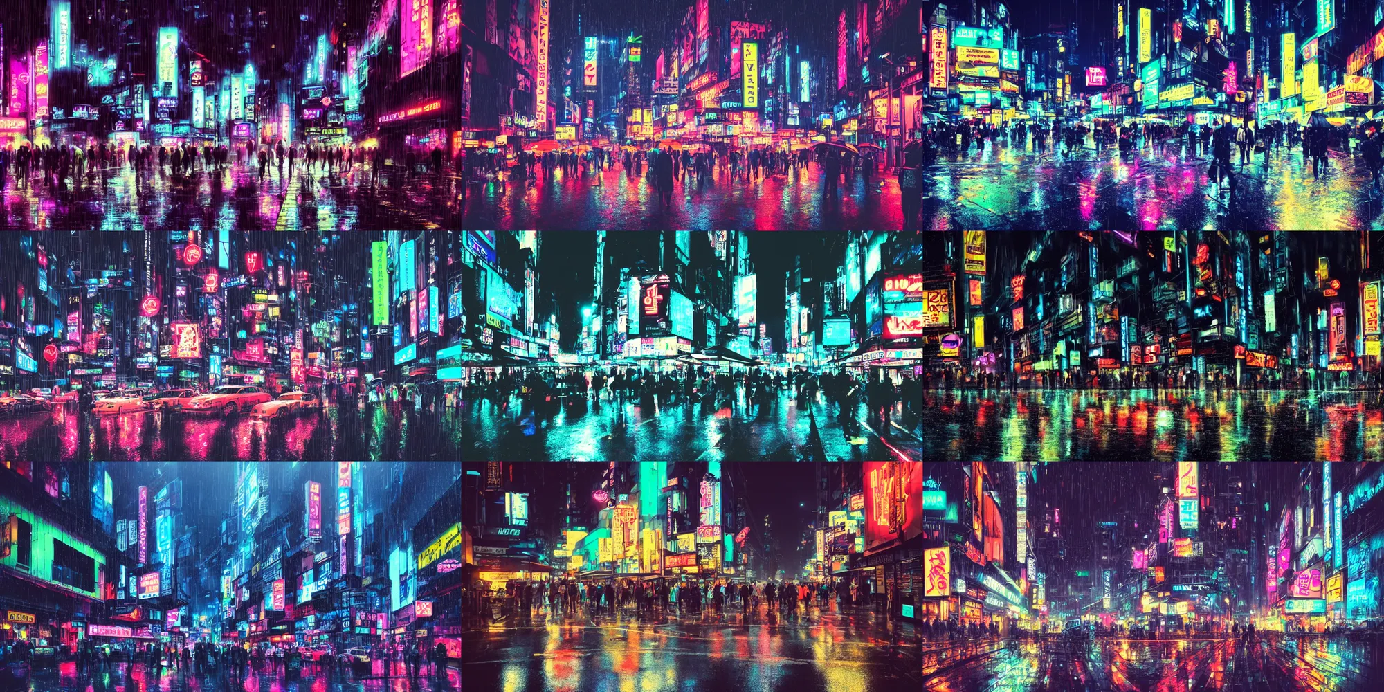 Prompt: A rainy cyberpunk city, neon lights, busy crowds