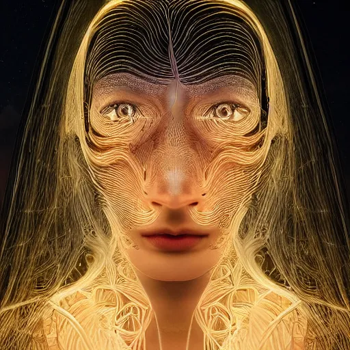 Image similar to woman integrating with technology, full face under a Full Moon, detailed intricate ornate cables connected to head, luscious thick hair, big open electric eyes, luxurious detailed abundent wiring and implants, sci-fi, neon, 8k ultra realistic night time photography of a mystical cosmic night, highly detailed, Rene Lalique and Eddie Mendoza