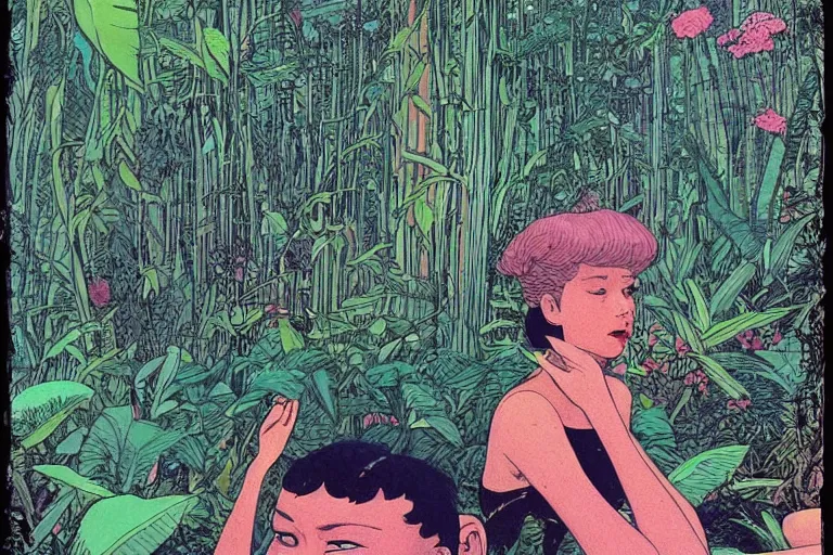 Image similar to gigantic woman head, a lot of exotic vegetation around, trees, flowers, risograph!, oldschool vintage sci - fi flat surreal design, super - detailed, painting by moebius and satoshi kon