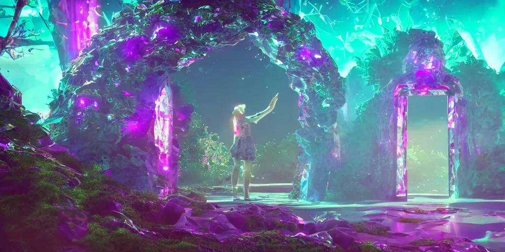 Prompt: jeweled enchanted crystal portal to another realm. unimaginable amazing astonishing astounding unreal and octane and blender and unity render. post - processed color corrected. crisp. focused. sharp. vibrant. epic composition. 8 k. uhd.