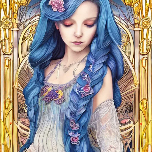 Image similar to breathtaking detailed painting by pilyeon and teffish on artstation, a full shot queen with long flowing bright blue hair, gauze dress and pastel flowers petals and golden tumultuous clouds, symmetrical facial features, at dawn in front of a pristine golden art nouveau cathedral, elegant, highly detailed, artstation, concept art, matte, sharp focus,