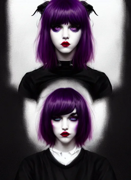 Image similar to portrait of white teenage girl, normal face, black bangs, mall goth, cyberlox, black and white hair, bangs, fluffy bangs, red contacts, purple lipstick, intricate, elegant, highly detailed, digital painting, artstation, concept art, sharp focus, smooth, illustration, art by wlop, mars ravelo and greg rutkowski