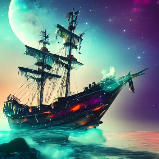 Prompt: pirate ship floating in space, colorful nebula, cinematic, unreal engine