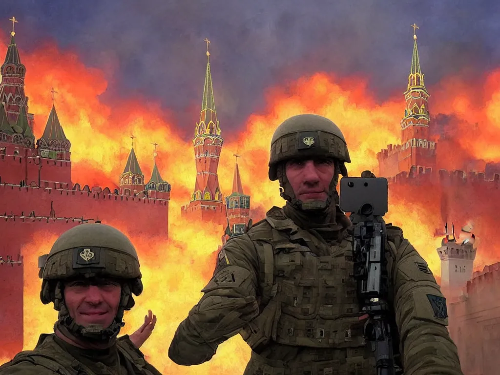 Prompt: special forces nato soldier with yellow shoulder patch takes selfie at red square kremlin burning in the background, d & d, fantasy, bright atmosphere, volumetric lights, intricate, elegant, extremely detailed, digital painting, artstation, concept art, matte, smooth, sharp focus, hyper realistic, illustration, art by artgerm and greg rutkowski and alphonse mucha