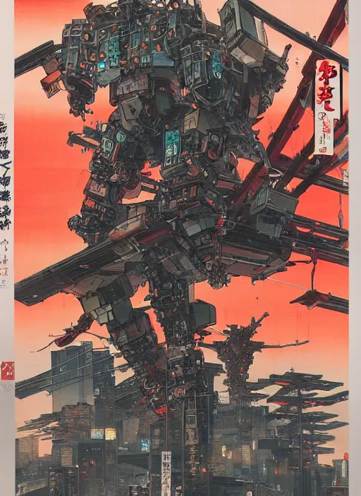 Prompt: giant war robots in the middle of cyberpunk tokyo. detailed, wearing kimono armour, by conrad roset, takato yomamoto, jesper ejsing, masamune shiro, ukiyo - e