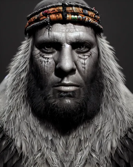 Image similar to headshot portrait of a shaman with raven features, cgsociety, detailed, unreal engine, textured, cinematic, character design