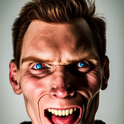 Image similar to Jerma985 with a wide smile, sinister looking, evil intent, horror, uncanny, detailed, high resolution, sharpened, close-up, professional photography, studio lighting, hyperrealistic, real life