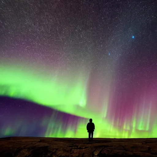 Image similar to 4K Epic Ultra HD detailed award-winning wallpaper silhouette of lonely man standing on rock looking at huge vast sky universe Milky Way aurora