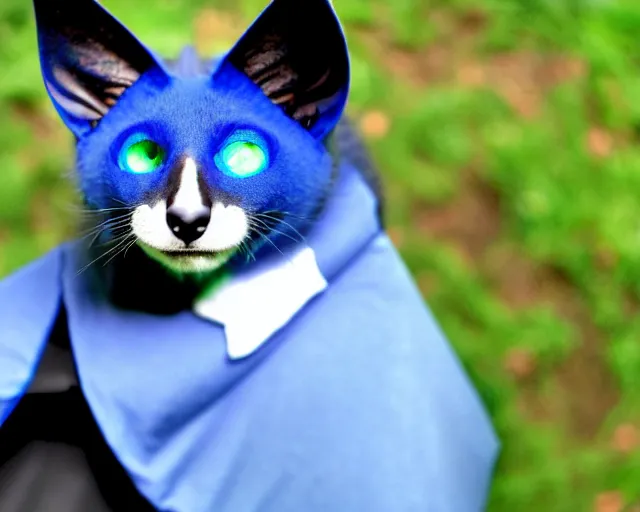 Image similar to a blue - and - black male blue / green heterochromatic catbat fursona with blue / green heterochromatic eyes ( one eye green ) and huge bat ears, photo of the catbat streaming on his computer