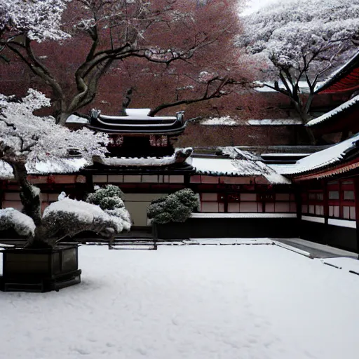Prompt: photograph of snowy Japanese courtyard