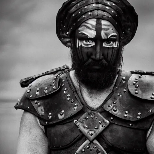 Prompt: viking in black body armour with black and white face painting, extremely detailed image from a film