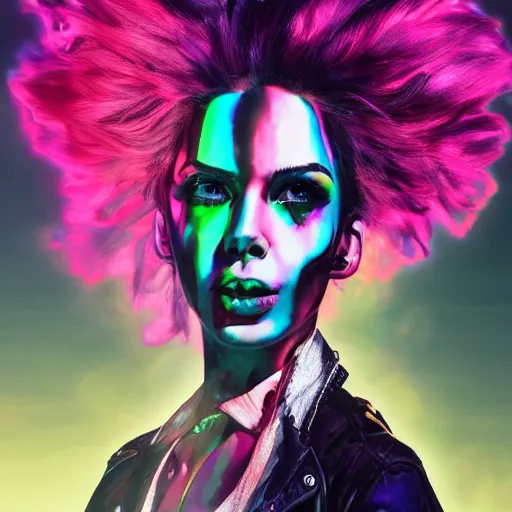 Prompt: splashes of neon, mowhawk, punk women portrait made out of paint, trending on artstation, epic composition, emotional, beautiful, rendered in octane, highly detailed, realistic, tim burton comic book art, sharp focus, unreal engine, depth of field, path tracing