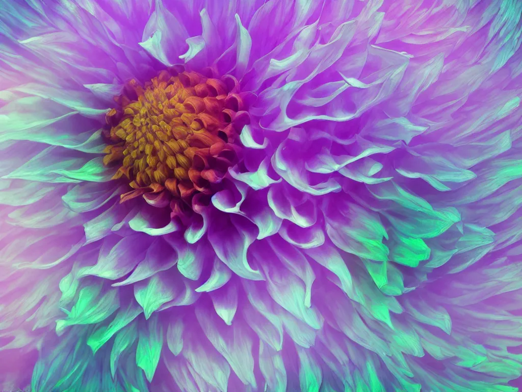 Prompt: 3d render of an iridescent dahlia, Sunlight Study, by Rachel Ruysch and (((((Lisa Frank))))), Art Nouveau, 8k, extreme detail, sharp focus, octane render