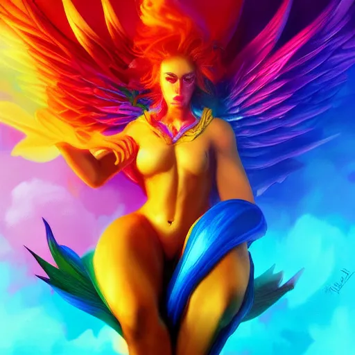 Image similar to rainbow colorful magic phoenix, trending on artstation, cgsociety, artgerm