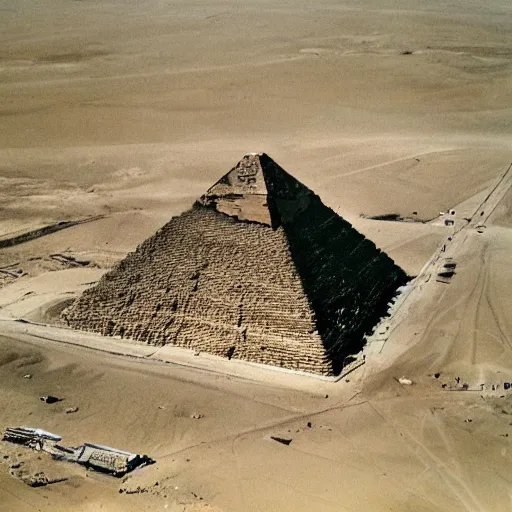 Prompt: an aerial photograph of a pyramid at giza at the early stages of construction with heavy scaffolding clearly visible, the top of the pyramid has not been built and is not visible, dslr