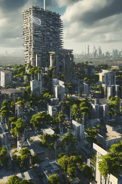 Image similar to tall brutalist buildings, solarpunk architecture, hanging gardens, sunshine, clouds, dramatic lighting, colorful birds, trending on Artstation, 8k, highly realistic, hyper detailed, unreal engine 5, IMAX quality, realistic, cinematic, epic lighting, realistic, Matte Painting, masterpiece