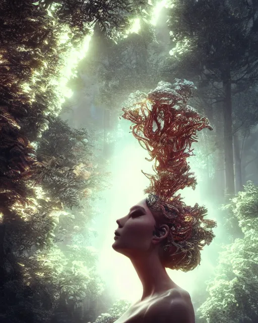 Image similar to beauteous sumptuous biomechanical incredible hair, crystalline masterpiece incrustations, hyperdetailed face, 4 k oled projected retinal overlays, elegant pose, movie still, intricate, octane render, cinematic forest lighting, cgsociety, unreal engine, crepuscular rays, god rays