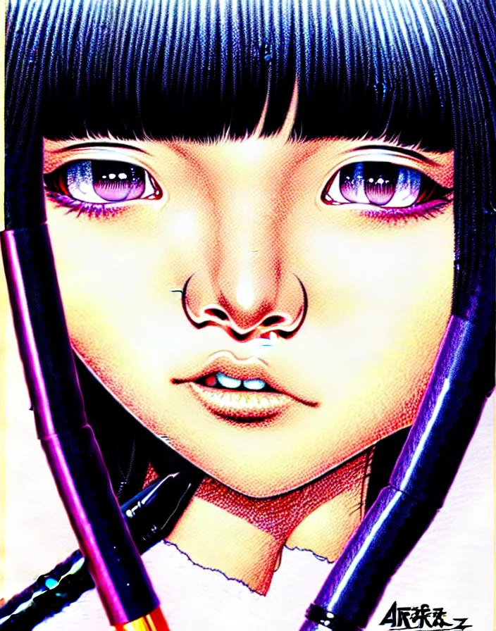 Image similar to extremely detailed color ink pen  illustration depicting an extreme close up face of a dainty young truant female stoner prep highschool school student with medium length silky straight iridescent black hair and lightly suntanned skin, illustrated by Artgerm and Range Murata.