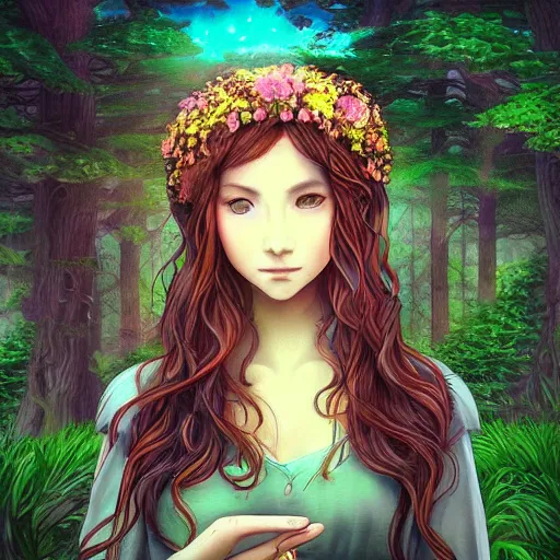 Image similar to “portrait of a pretty goddess in a magical forest, beautiful, highly detailed, photoshop, digital art, ghibli”