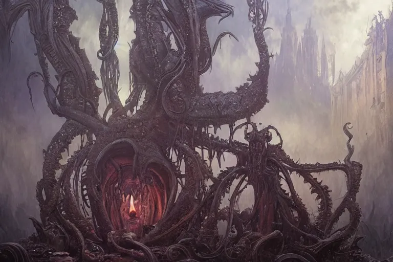 Image similar to a lovecraftian painting of a demonic shrine, occult, moster summoning, warlocks ritual, cosmic horror elements, ultra realistic, concept art, intricate details, eerie, highly detailed, photorealistic, octane render, 8 k, unreal engine. art by artgerm and greg rutkowski and alphonse mucha