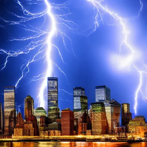 Prompt: lightning striking the World Trade Center, hyperrealistic, apocalyptic, blue, thunderstorm, night, award winning, 8k