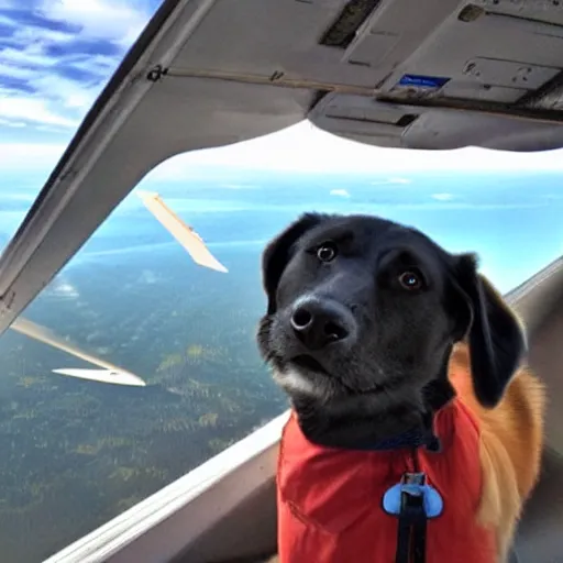 Prompt: dog english lab flying an airplane
