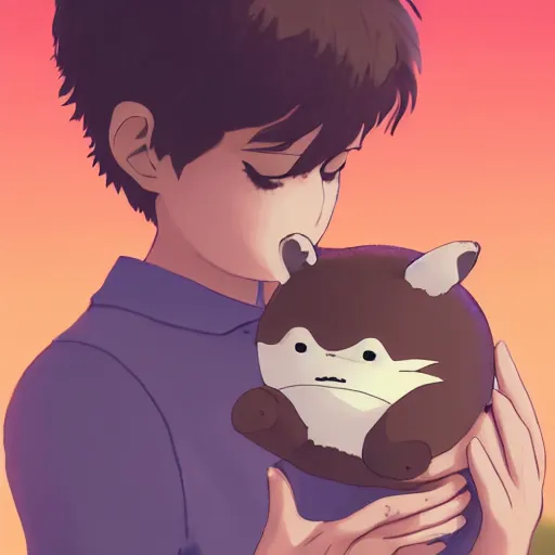 Image similar to guy holding small creature , with Fragile looking character portrait face made by Studio Ghibli highly detailed art, beautiful scene, sharp focus, smooth, nostalgic 8k, anime art, pixiv, accent lighting