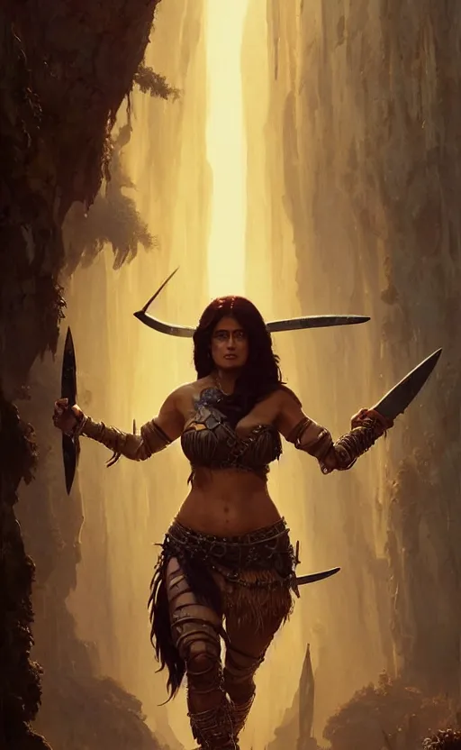 Image similar to salma hayek as a barbarian warrior, in gta v, stephen bliss, unreal engine, fantasy art by greg rutkowski, loish, rhads, ferdinand knab, makoto shinkai and lois van baarle, ilya kuvshinov, rossdraws, tom bagshaw, global illumination, radiant light, detailed and intricate environment