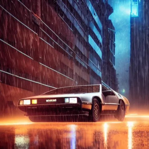 Prompt: Delorean parked in a cyberpunk city, rainy weather, thunderstorm, low light photography, 4k