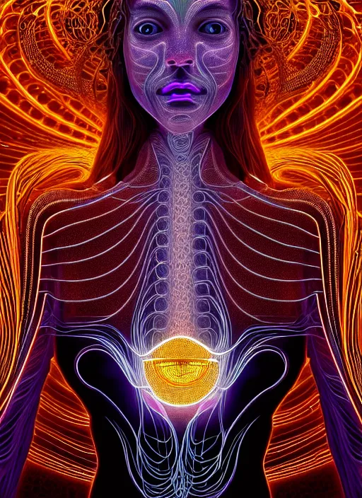 Image similar to absurdly beautiful female figure with beautiful human face, wires, fractals swirling outward, glowing internal light, hyperdetailed, by alex grey, intricate linework, faberge, intricate gold linework, dark atmosphere, unreal engine 5 highly rendered, global illumination, radiant light, detailed and intricate environment