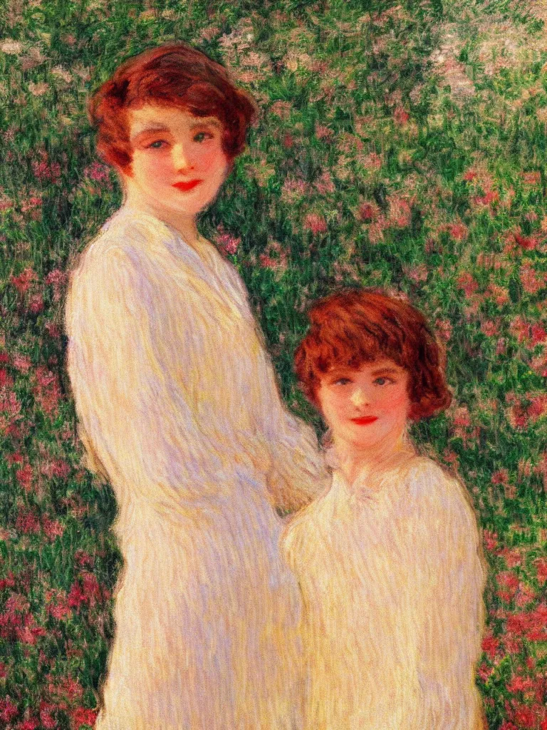 Image similar to a beautiful young girl dressed in 1 9 2 0 s fashion, brown hair, slim, fair, turning her head and smiling, in the sun, out of focus, backlit, close up, oil on canvas, by monet, in the style of le promenade