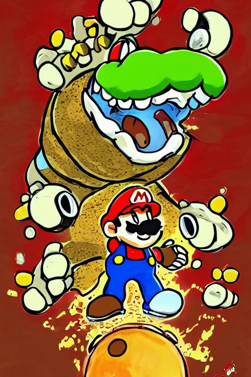 Image similar to mario eating toad from its head parodying saturn devouring his son, digital art, nintendo style, extremely detailed, photoshop, trending on artstation