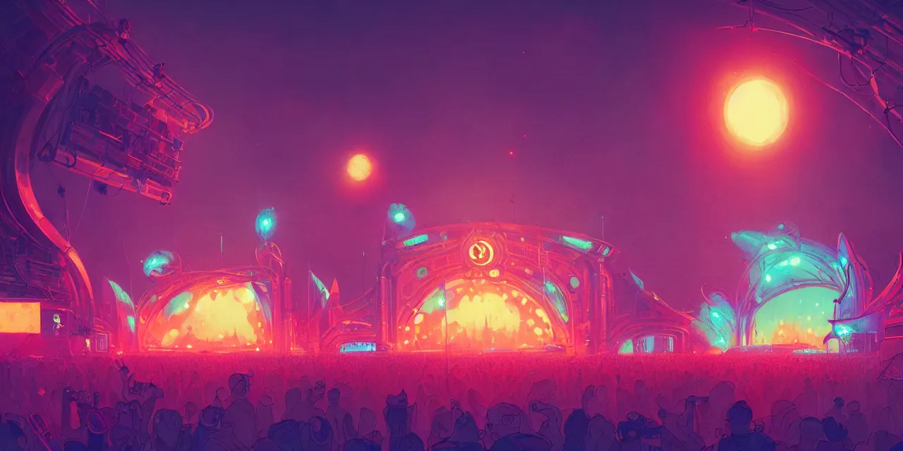 Image similar to tomorrowland, hyper - realistic detailed music festival stage, by atey ghailan, by greg rutkowski, by greg tocchini, by james gilleard, by joe fenton, by kaethe butcher, dynamic lighting, neon cinematic lighting color scheme, white lighting, grunge aesthetic