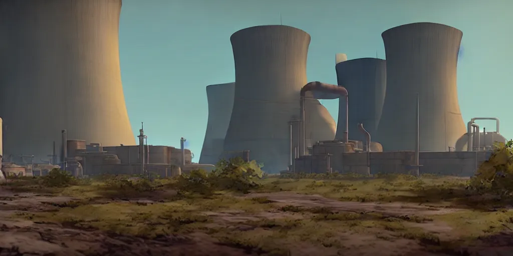 Prompt: a wholesome animation key shot of a post apocalyptic 8 0's nuclear plant by studio ghibli, animation, sharp, rendered in unreal engine 5, focused, anime key art by greg rutkowski, bloom, dramatic lighting