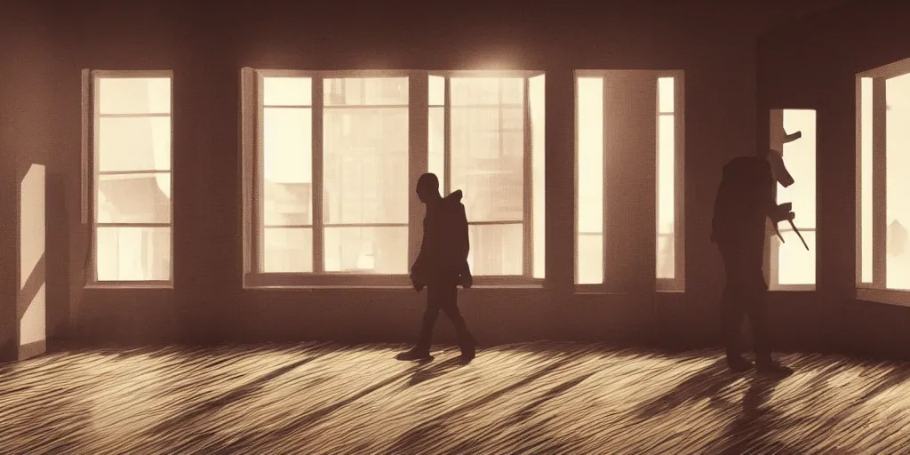 Prompt: title card : breadcrumbs footsteps against a wooden floor are heard from inside the building. a man peers through the blinds of the room, looking out into the streets.